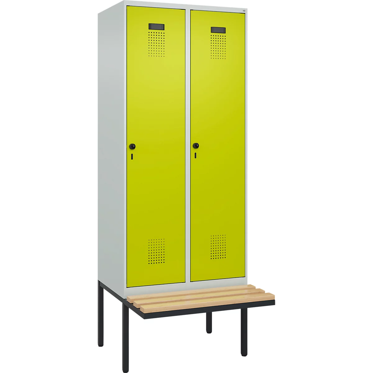 Kleiderspind C+P Evolo Plus, 2 Abteile à 400 mm Breite, schwebende Sitzbank, B 800 x T 815 x H 2120 mm, Drehriegel, lichtgrau/clowngrün