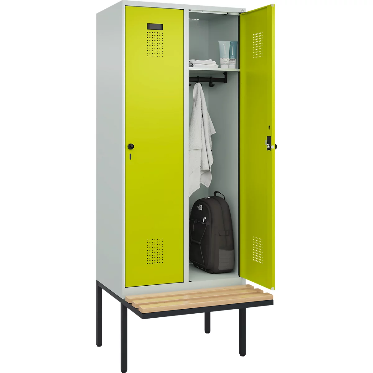 Kleiderspind C+P Evolo Plus, 2 Abteile à 400 mm Breite, schwebende Sitzbank, B 800 x T 815 x H 2120 mm, Drehriegel, lichtgrau/clowngrün