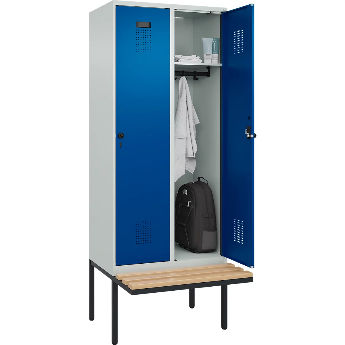 Kleiderspind C+P Evolo Plus, 2 Abteile à 400 mm Breite, schwebende Sitzbank, B 800 x T 815 x H 2120 mm, Drehriegel, lichtgrau/enzianblau