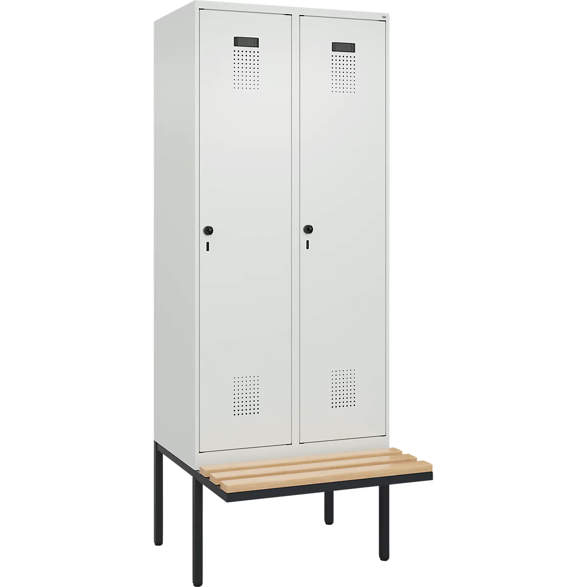 Kleiderspind C+P Evolo Plus, 2 Abteile à 400 mm Breite, schwebende Sitzbank, B 800 x T 815 x H 2120 mm, Drehriegel, lichtgrau/lichtgrau