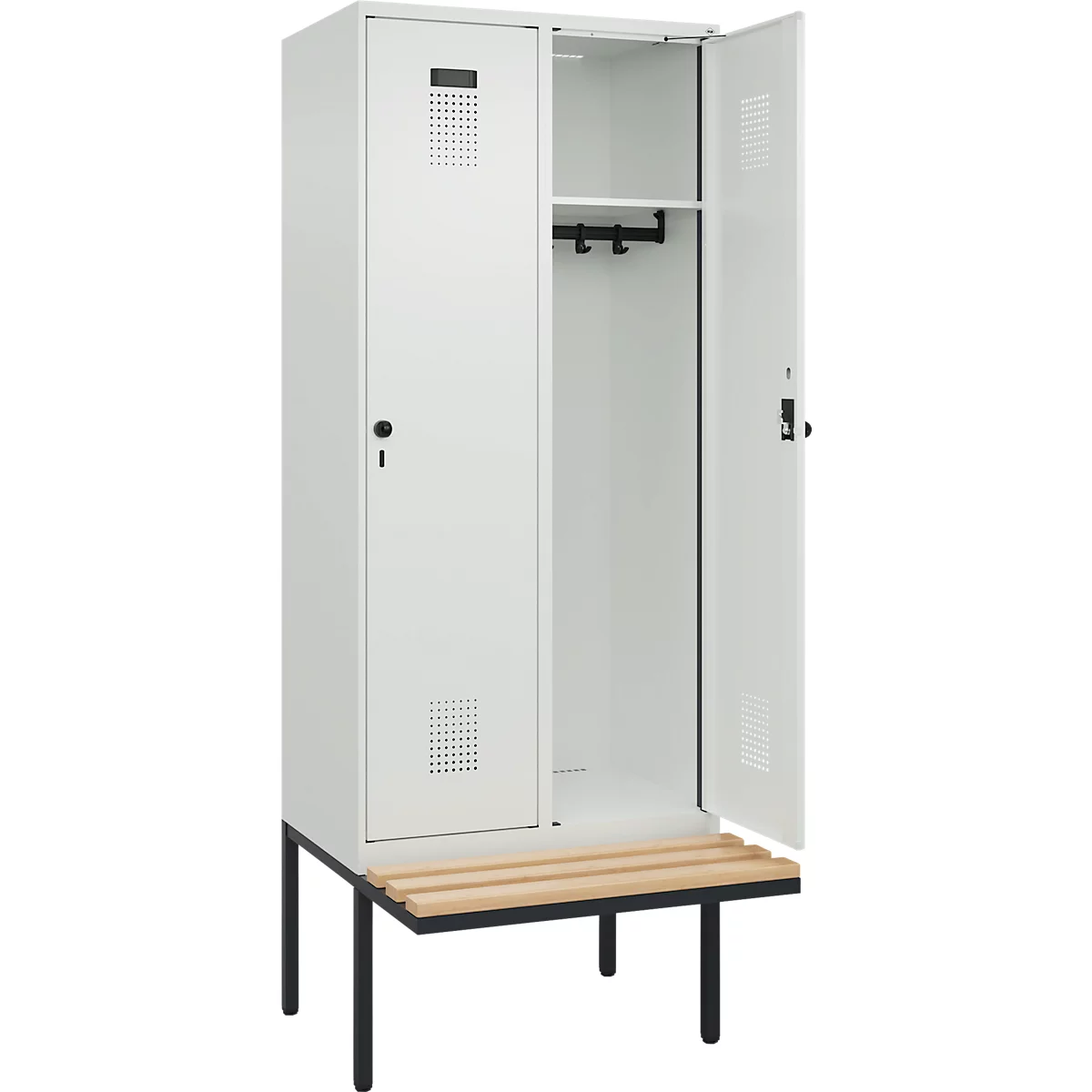 Kleiderspind C+P Evolo Plus, 2 Abteile à 400 mm Breite, schwebende Sitzbank, B 800 x T 815 x H 2120 mm, Drehriegel, lichtgrau/lichtgrau