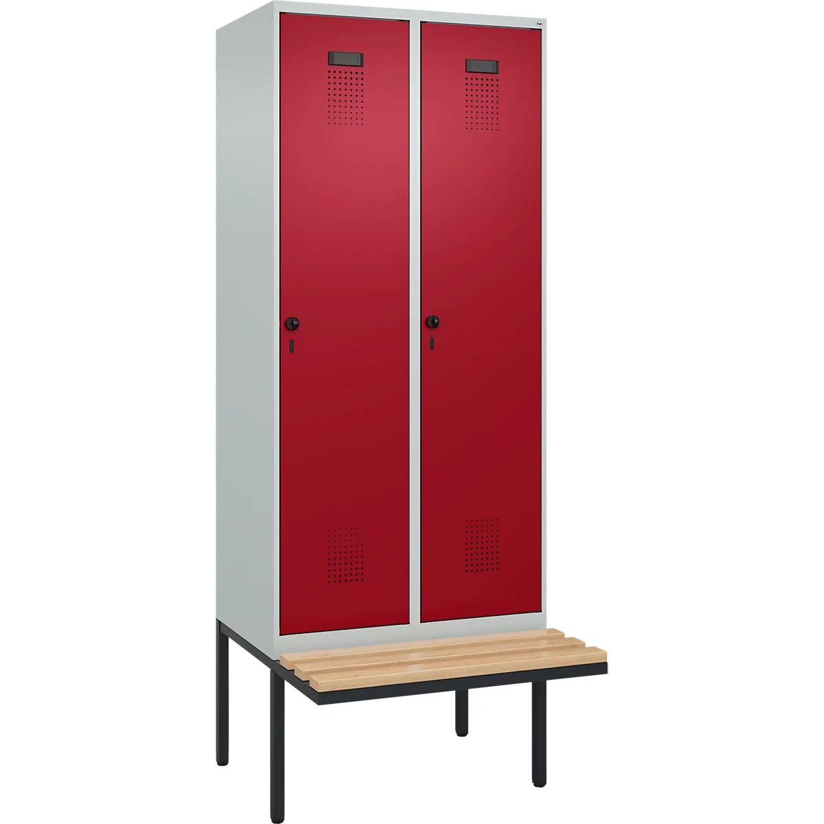 Kleiderspind C+P Evolo Plus, 2 Abteile à 400 mm Breite, schwebende Sitzbank, B 800 x T 815 x H 2120 mm, Drehriegel, lichtgrau/rubinrot