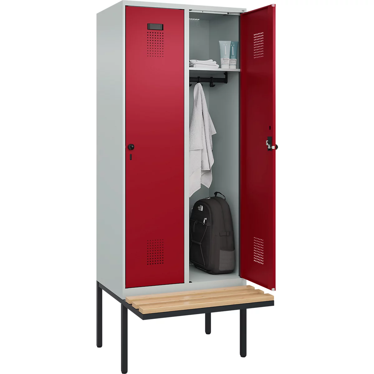 Kleiderspind C+P Evolo Plus, 2 Abteile à 400 mm Breite, schwebende Sitzbank, B 800 x T 815 x H 2120 mm, Drehriegel, lichtgrau/rubinrot