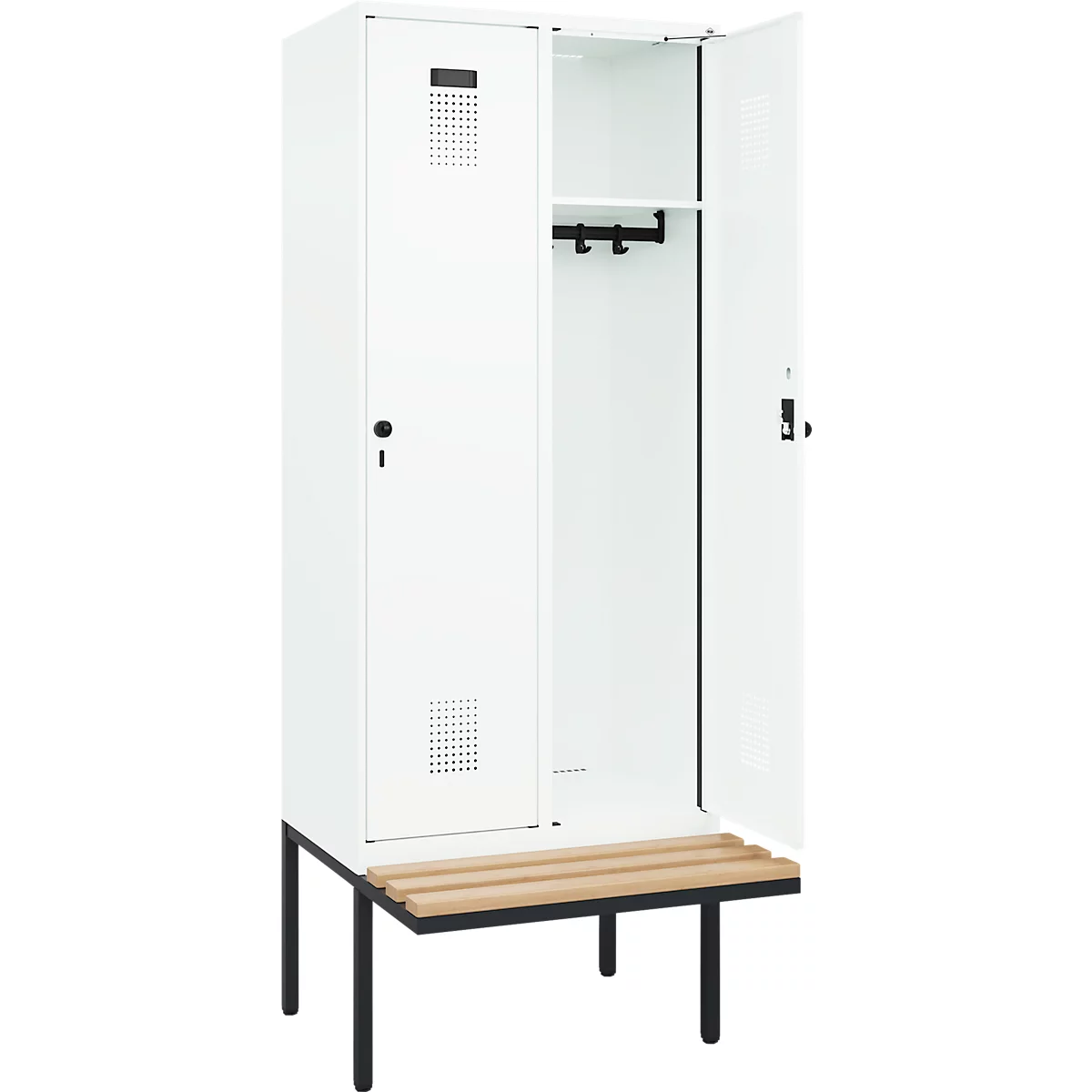 Kleiderspind C+P Evolo Plus, 2 Abteile à 400 mm Breite, schwebende Sitzbank, B 800 x T 815 x H 2120 mm, Drehriegel, verkehrsweiß/verkehrsweiß