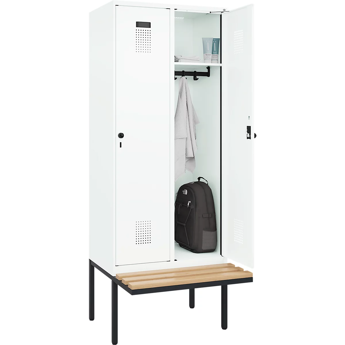 Kleiderspind C+P Evolo Plus, 2 Abteile à 400 mm Breite, schwebende Sitzbank, B 800 x T 815 x H 2120 mm, Drehriegel, verkehrsweiß/verkehrsweiß