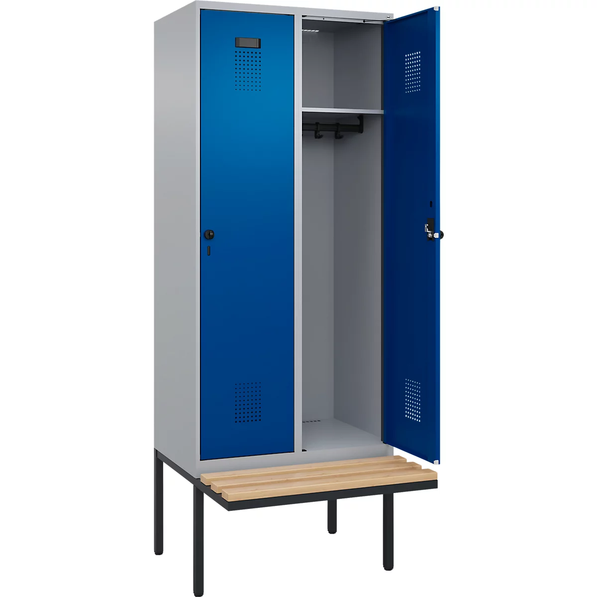 Kleiderspind C+P Evolo Plus, 2 Abteile à 400 mm Breite, schwebende Sitzbank, B 800 x T 815 x H 2120 mm, Drehriegel, weißaluminium/enzianblau