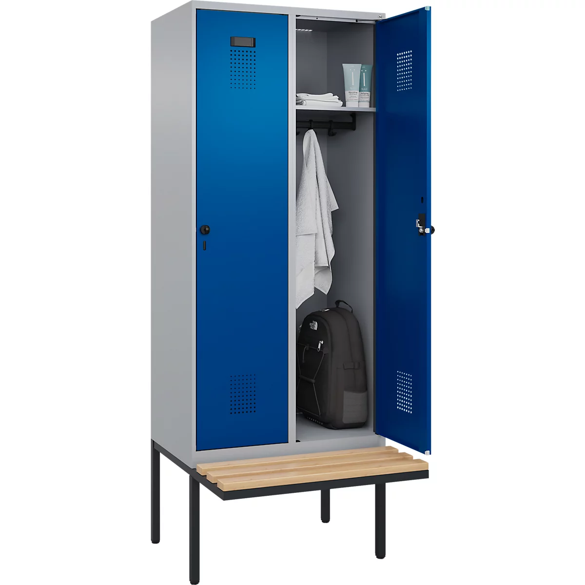 Kleiderspind C+P Evolo Plus, 2 Abteile à 400 mm Breite, schwebende Sitzbank, B 800 x T 815 x H 2120 mm, Drehriegel, weißaluminium/enzianblau