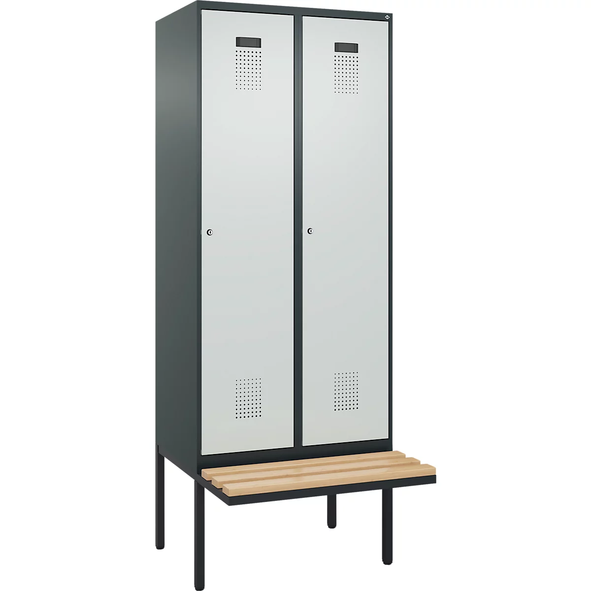 Kleiderspind C+P Evolo Plus, 2 Abteile à 400 mm Breite, schwebende Sitzbank, B 800 x T 815 x H 2120 mm, Zylinder, anthrazitgrau/lichtgrau