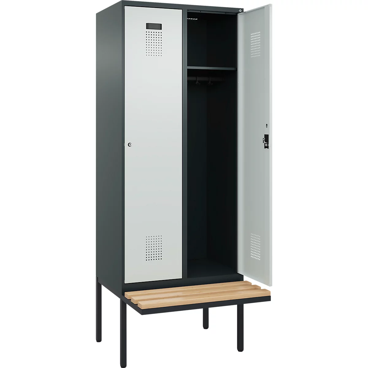 Kleiderspind C+P Evolo Plus, 2 Abteile à 400 mm Breite, schwebende Sitzbank, B 800 x T 815 x H 2120 mm, Zylinder, anthrazitgrau/lichtgrau