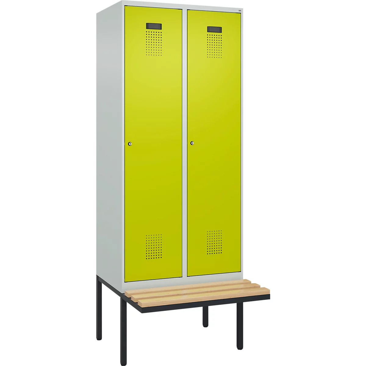 Kleiderspind C+P Evolo Plus, 2 Abteile à 400 mm Breite, schwebende Sitzbank, B 800 x T 815 x H 2120 mm, Zylinder, lichtgrau/clowngrün