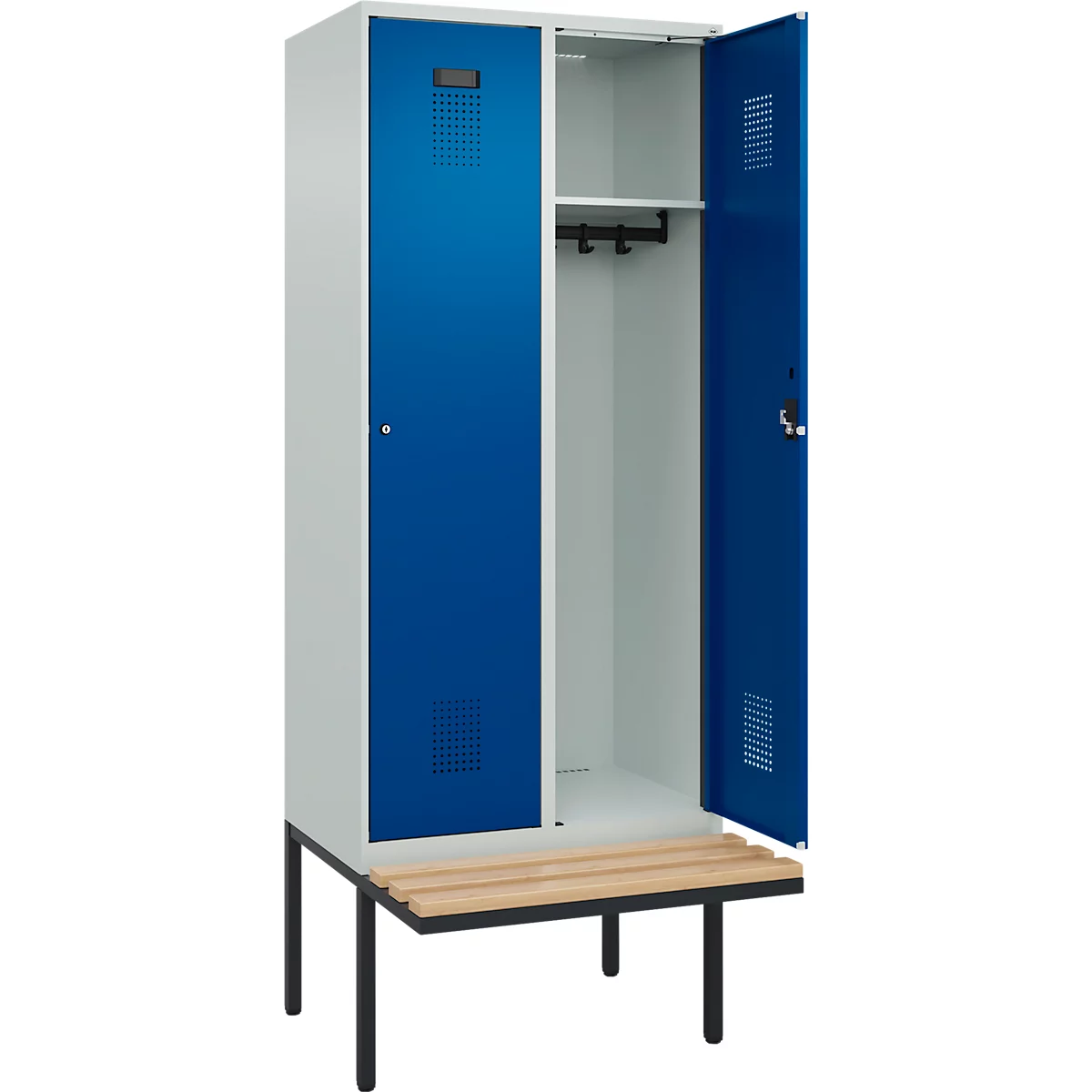 Kleiderspind C+P Evolo Plus, 2 Abteile à 400 mm Breite, schwebende Sitzbank, B 800 x T 815 x H 2120 mm, Zylinder, lichtgrau/enzianblau