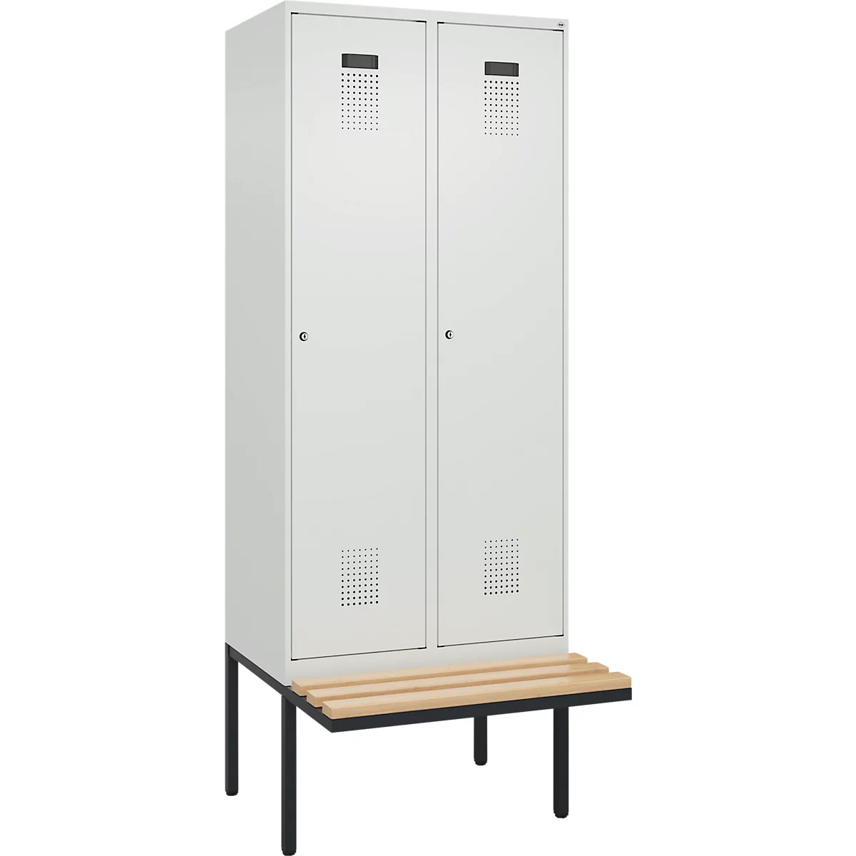 Kleiderspind C+P Evolo Plus, 2 Abteile à 400 mm Breite, schwebende Sitzbank, B 800 x T 815 x H 2120 mm, Zylinder, lichtgrau/lichtgrau