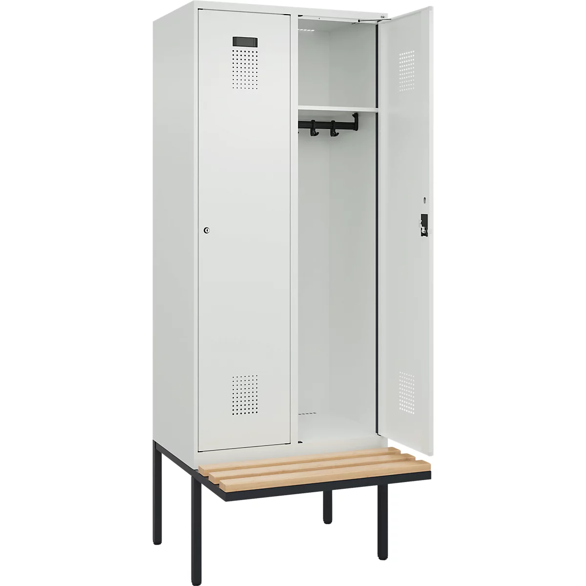 Kleiderspind C+P Evolo Plus, 2 Abteile à 400 mm Breite, schwebende Sitzbank, B 800 x T 815 x H 2120 mm, Zylinder, lichtgrau/lichtgrau