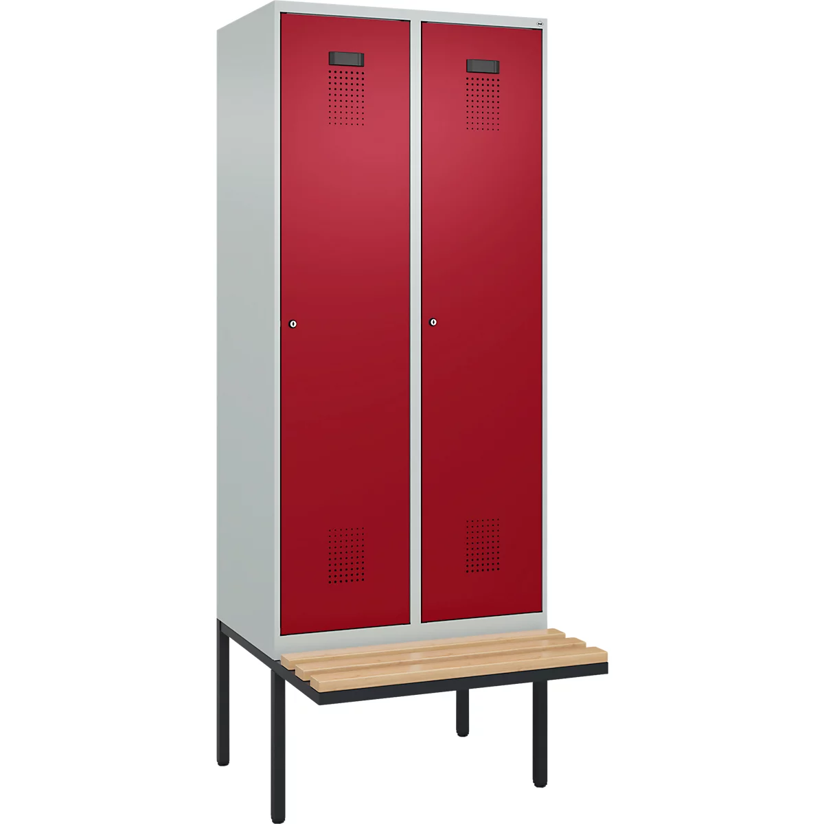 Kleiderspind C+P Evolo Plus, 2 Abteile à 400 mm Breite, schwebende Sitzbank, B 800 x T 815 x H 2120 mm, Zylinder, lichtgrau/rubinrot