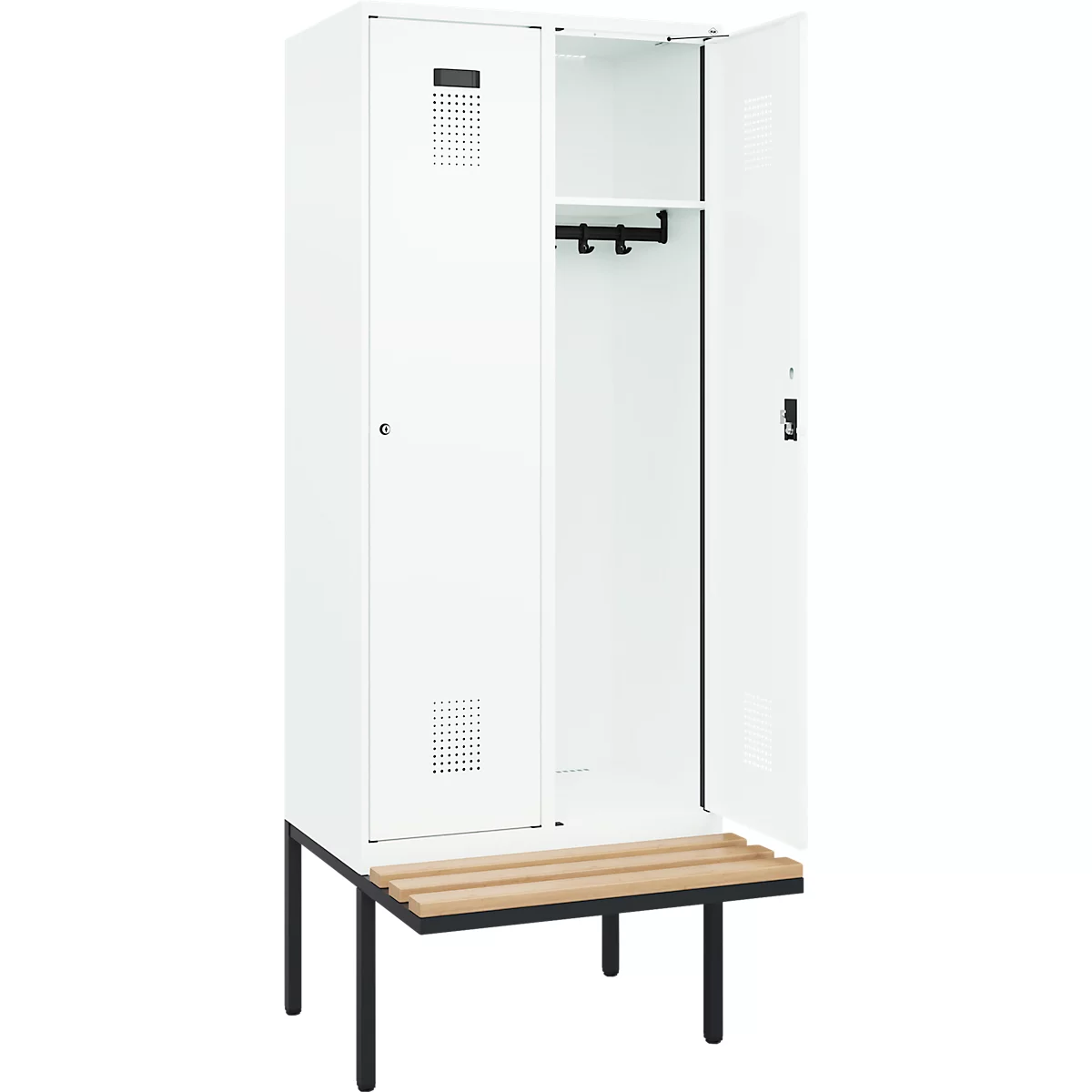 Kleiderspind C+P Evolo Plus, 2 Abteile à 400 mm Breite, schwebende Sitzbank, B 800 x T 815 x H 2120 mm, Zylinder, verkehrsweiß/verkehrsweiß