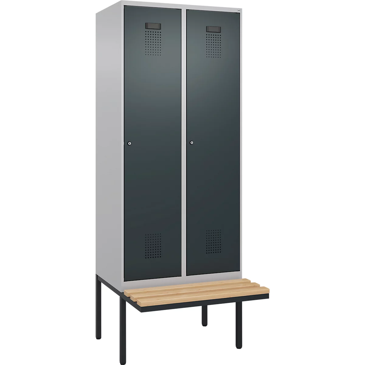 Kleiderspind C+P Evolo Plus, 2 Abteile à 400 mm Breite, schwebende Sitzbank, B 800 x T 815 x H 2120 mm, Zylinder, weißaluminium/anthrazitgrau