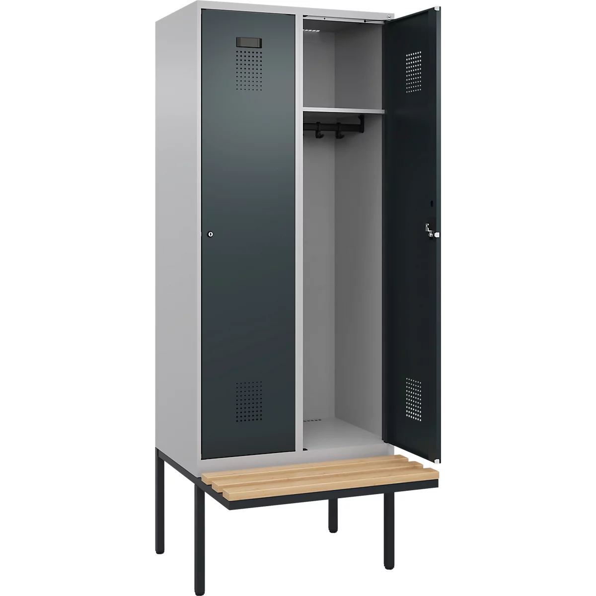 Kleiderspind C+P Evolo Plus, 2 Abteile à 400 mm Breite, schwebende Sitzbank, B 800 x T 815 x H 2120 mm, Zylinder, weißaluminium/anthrazitgrau
