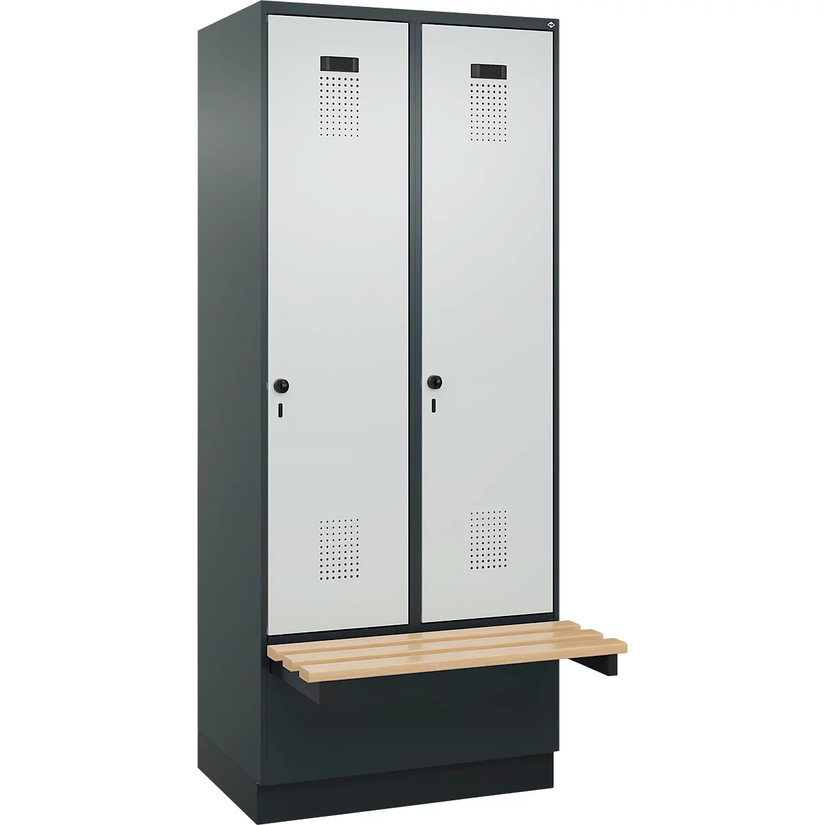 Kleiderspind C+P Evolo Plus, 2 Abteile à 400 mm Breite, Sockel, schwebende Sitzbank, B 800 x T 815 x H 1950 mm, Drehriegel, anthrazitgrau/lichtgrau