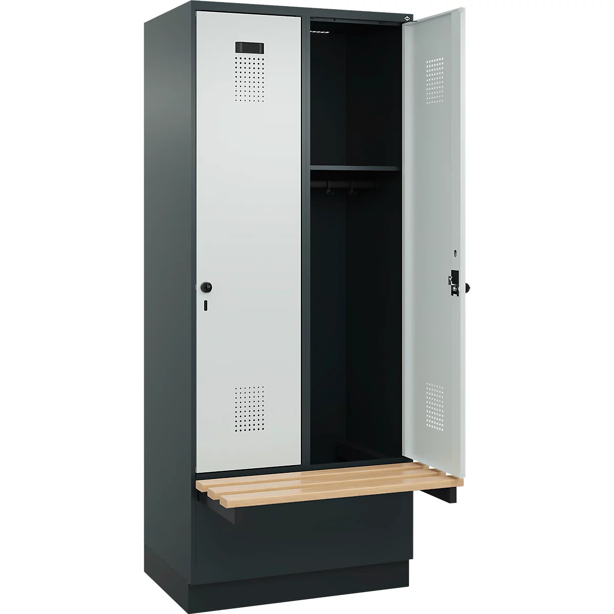 Kleiderspind C+P Evolo Plus, 2 Abteile à 400 mm Breite, Sockel, schwebende Sitzbank, B 800 x T 815 x H 1950 mm, Drehriegel, anthrazitgrau/lichtgrau