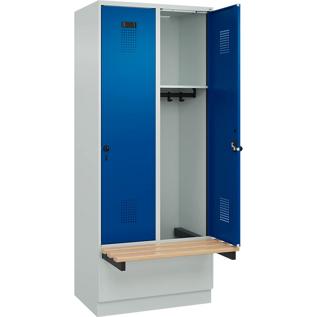 Kleiderspind C+P Evolo Plus, 2 Abteile à 400 mm Breite, Sockel, schwebende Sitzbank, B 800 x T 815 x H 1950 mm, Drehriegel, lichtgrau/enzianblau