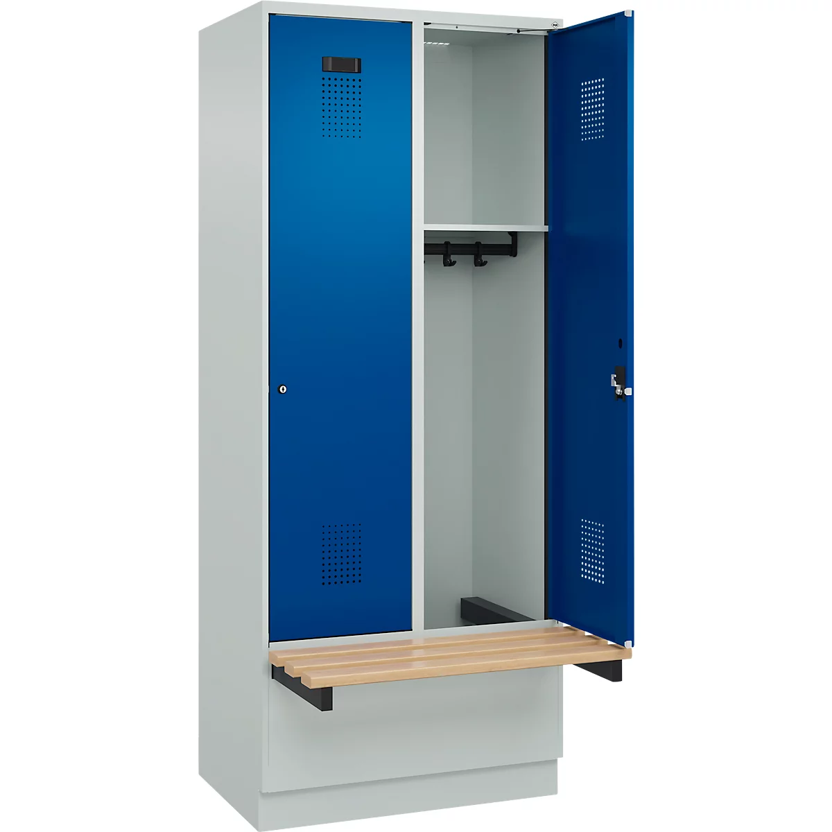 Kleiderspind C+P Evolo Plus, 2 Abteile à 400 mm Breite, Sockel, schwebende Sitzbank, B 800 x T 815 x H 1950 mm, Drehriegel, lichtgrau/enzianblau