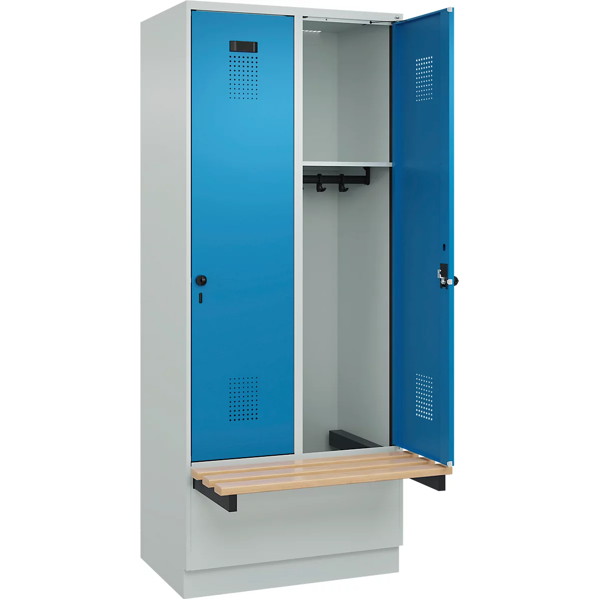 Kleiderspind C+P Evolo Plus, 2 Abteile à 400 mm Breite, Sockel, schwebende Sitzbank, B 800 x T 815 x H 1950 mm, Drehriegel, lichtgrau/lichtblau