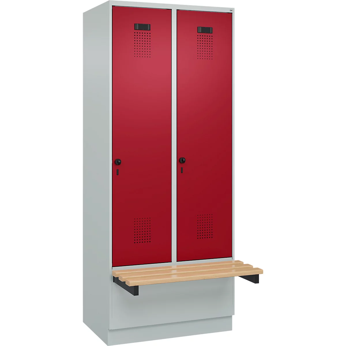 Kleiderspind C+P Evolo Plus, 2 Abteile à 400 mm Breite, Sockel, schwebende Sitzbank, B 800 x T 815 x H 1950 mm, Drehriegel, lichtgrau/rubinrot