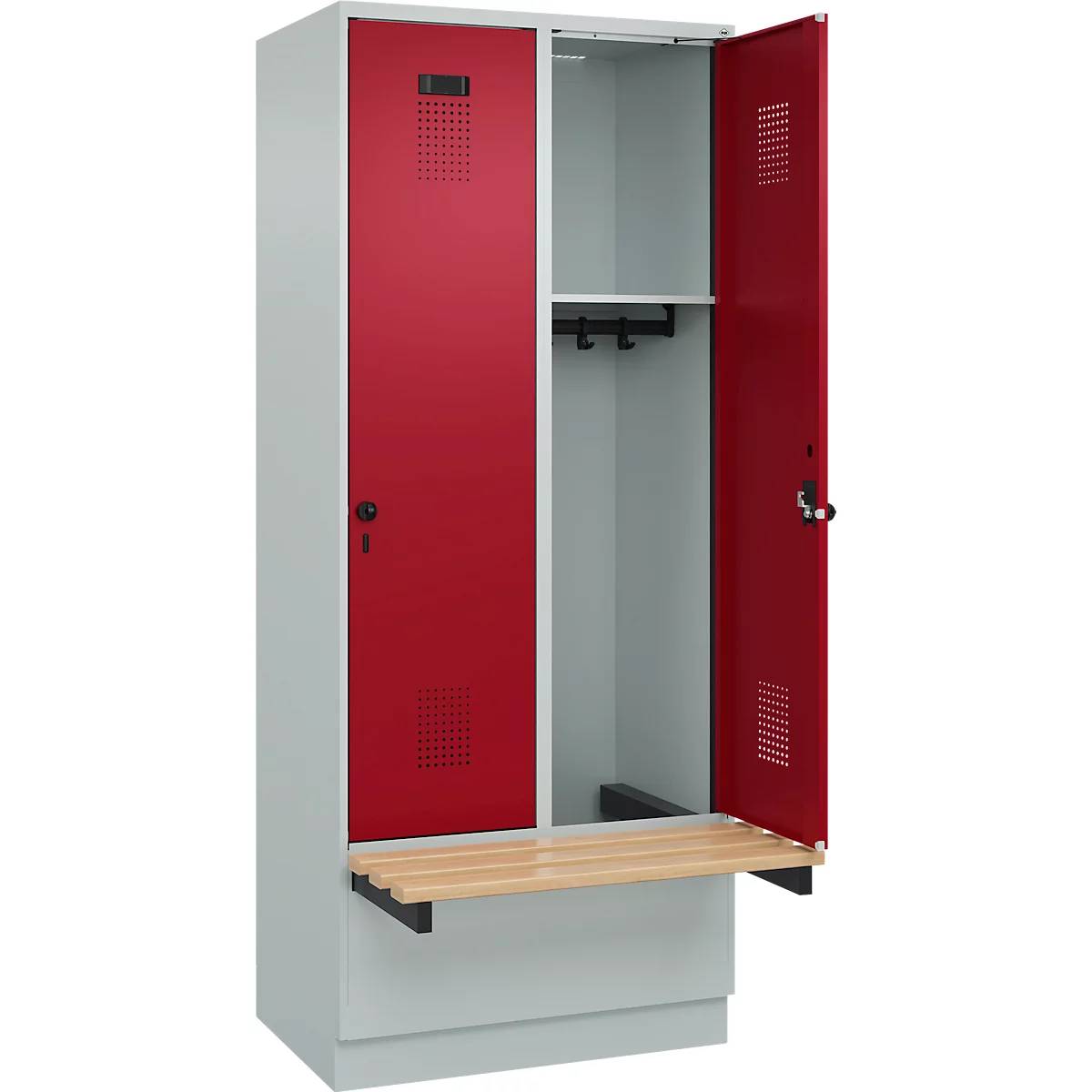 Kleiderspind C+P Evolo Plus, 2 Abteile à 400 mm Breite, Sockel, schwebende Sitzbank, B 800 x T 815 x H 1950 mm, Drehriegel, lichtgrau/rubinrot