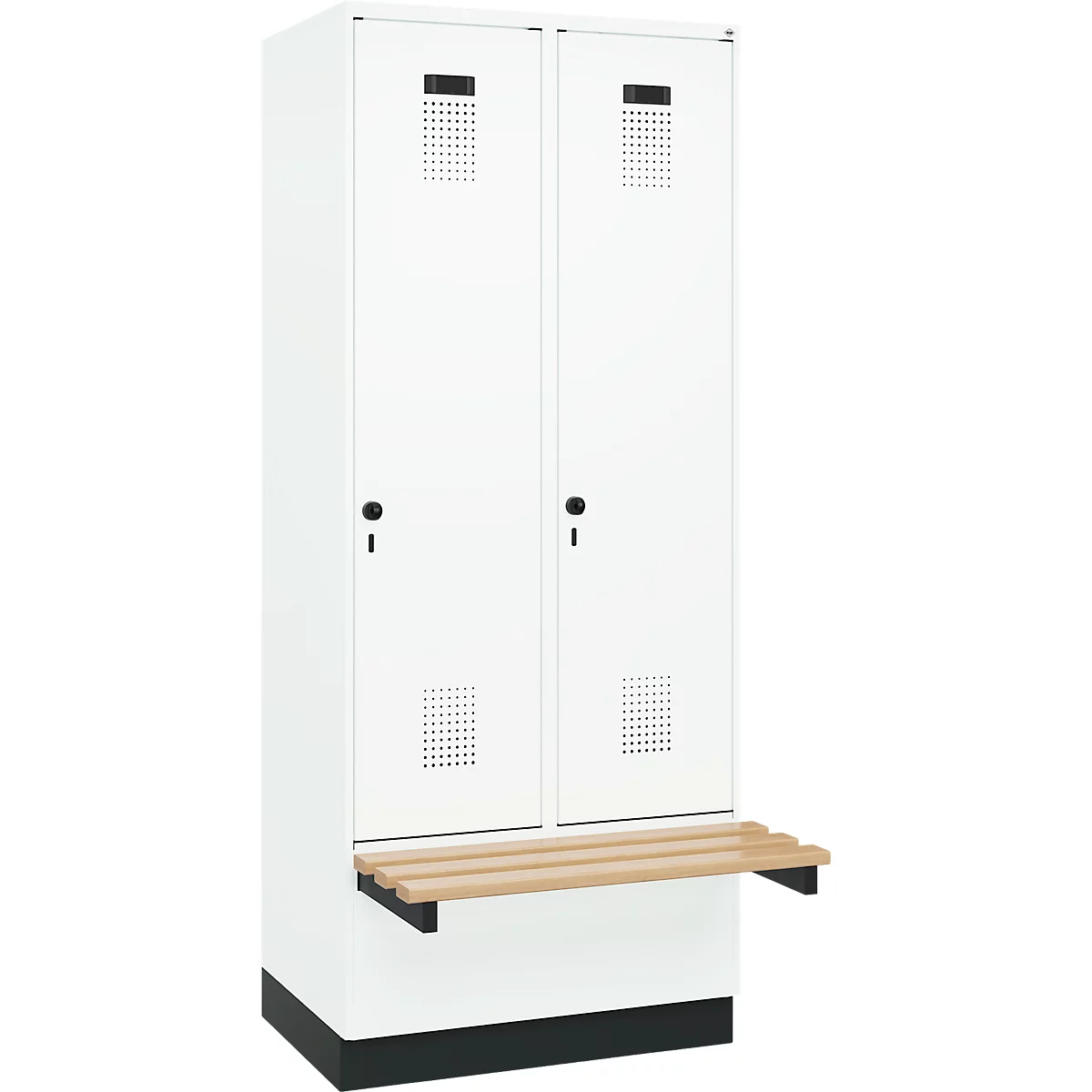 Kleiderspind C+P Evolo Plus, 2 Abteile à 400 mm Breite, Sockel, schwebende Sitzbank, B 800 x T 815 x H 1950 mm, Drehriegel, verkehrsweiss/verkehrsweiss