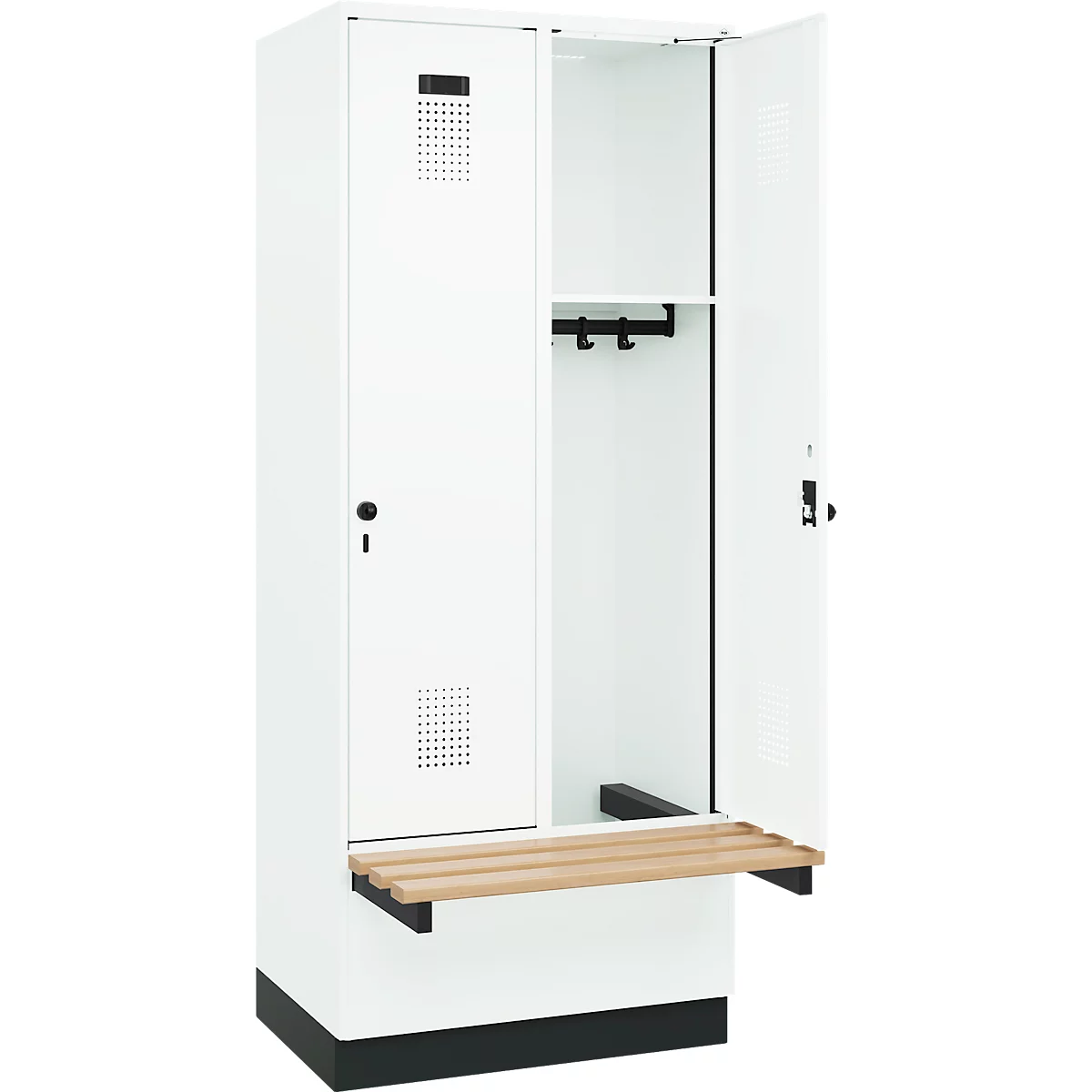 Kleiderspind C+P Evolo Plus, 2 Abteile à 400 mm Breite, Sockel, schwebende Sitzbank, B 800 x T 815 x H 1950 mm, Drehriegel, verkehrsweiss/verkehrsweiss