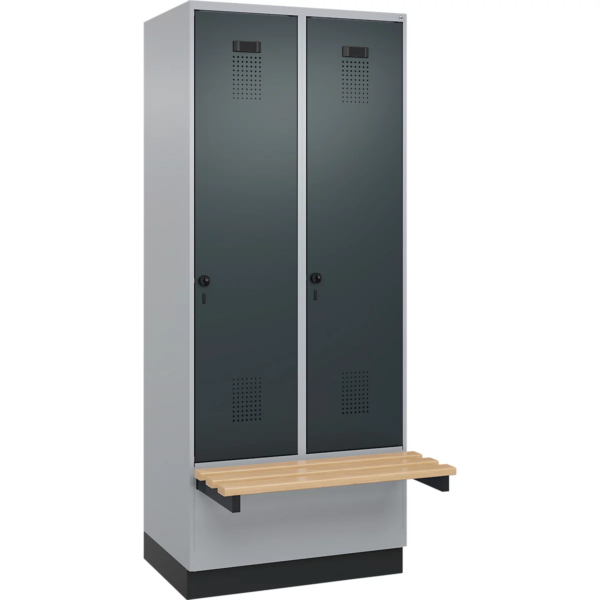 Kleiderspind C+P Evolo Plus, 2 Abteile à 400 mm Breite, Sockel, schwebende Sitzbank, B 800 x T 815 x H 1950 mm, Drehriegel, weissaluminium/anthrazitgrau