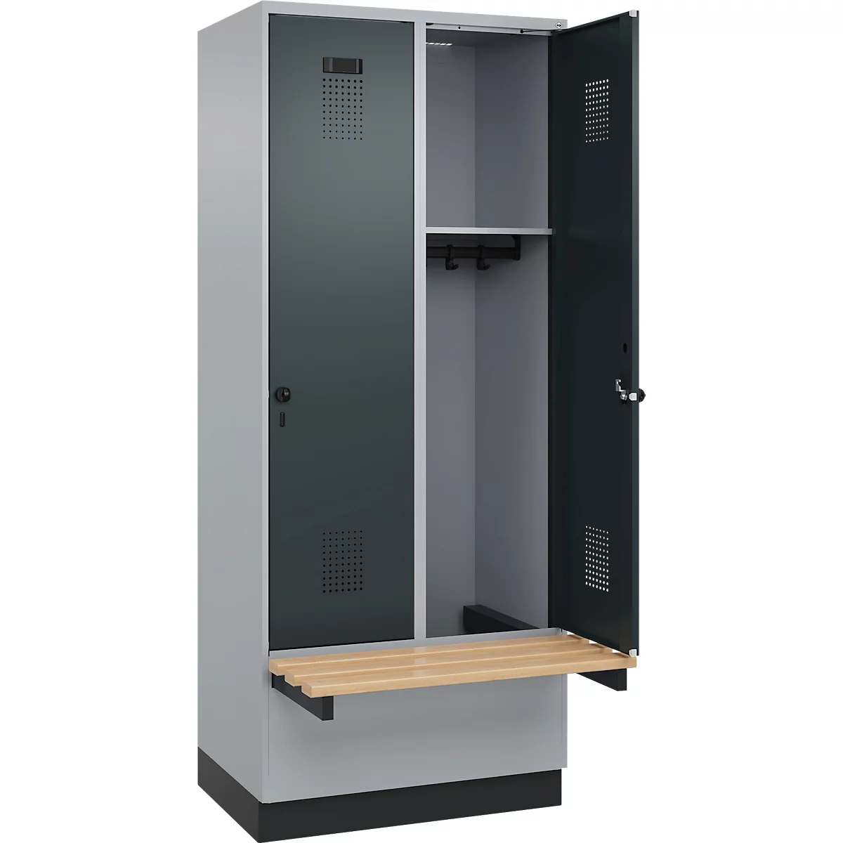 Kleiderspind C+P Evolo Plus, 2 Abteile à 400 mm Breite, Sockel, schwebende Sitzbank, B 800 x T 815 x H 1950 mm, Drehriegel, weissaluminium/anthrazitgrau