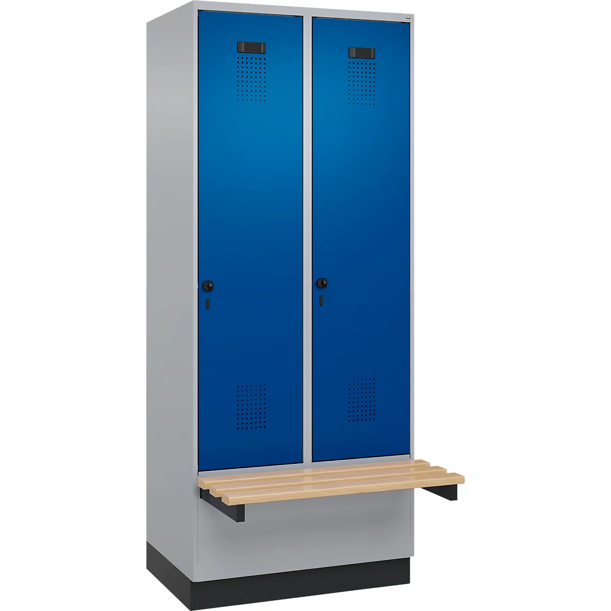 Kleiderspind C+P Evolo Plus, 2 Abteile à 400 mm Breite, Sockel, schwebende Sitzbank, B 800 x T 815 x H 1950 mm, Drehriegel, weissaluminium/enzianblau