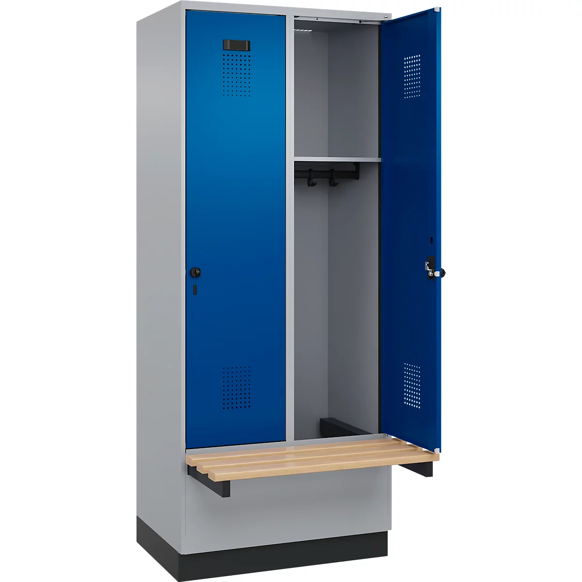 Kleiderspind C+P Evolo Plus, 2 Abteile à 400 mm Breite, Sockel, schwebende Sitzbank, B 800 x T 815 x H 1950 mm, Drehriegel, weissaluminium/enzianblau
