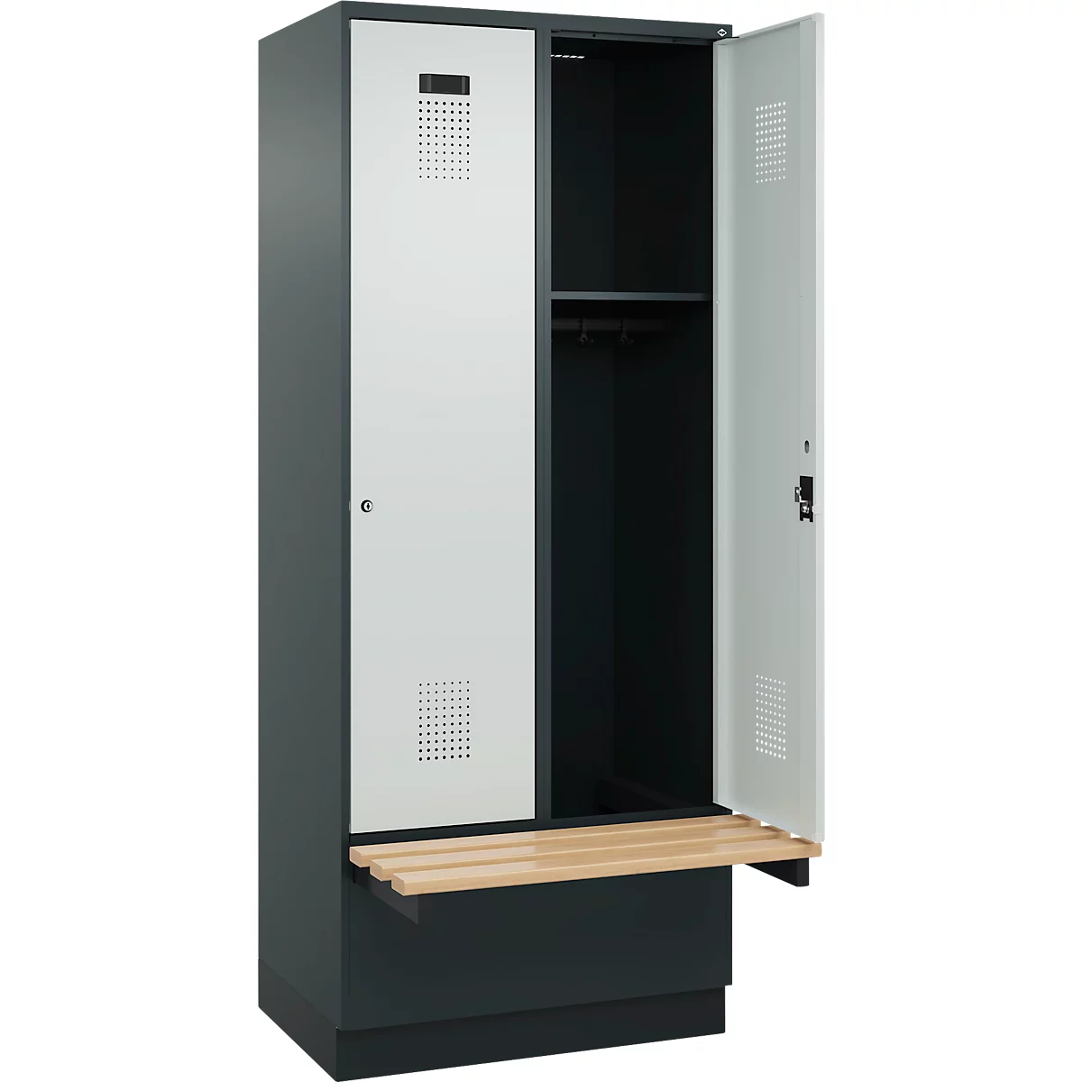 Kleiderspind C+P Evolo Plus, 2 Abteile à 400 mm Breite, Sockel, schwebende Sitzbank, B 800 x T 815 x H 1950 mm, Zylinder, anthrazitgrau/lichtgrau