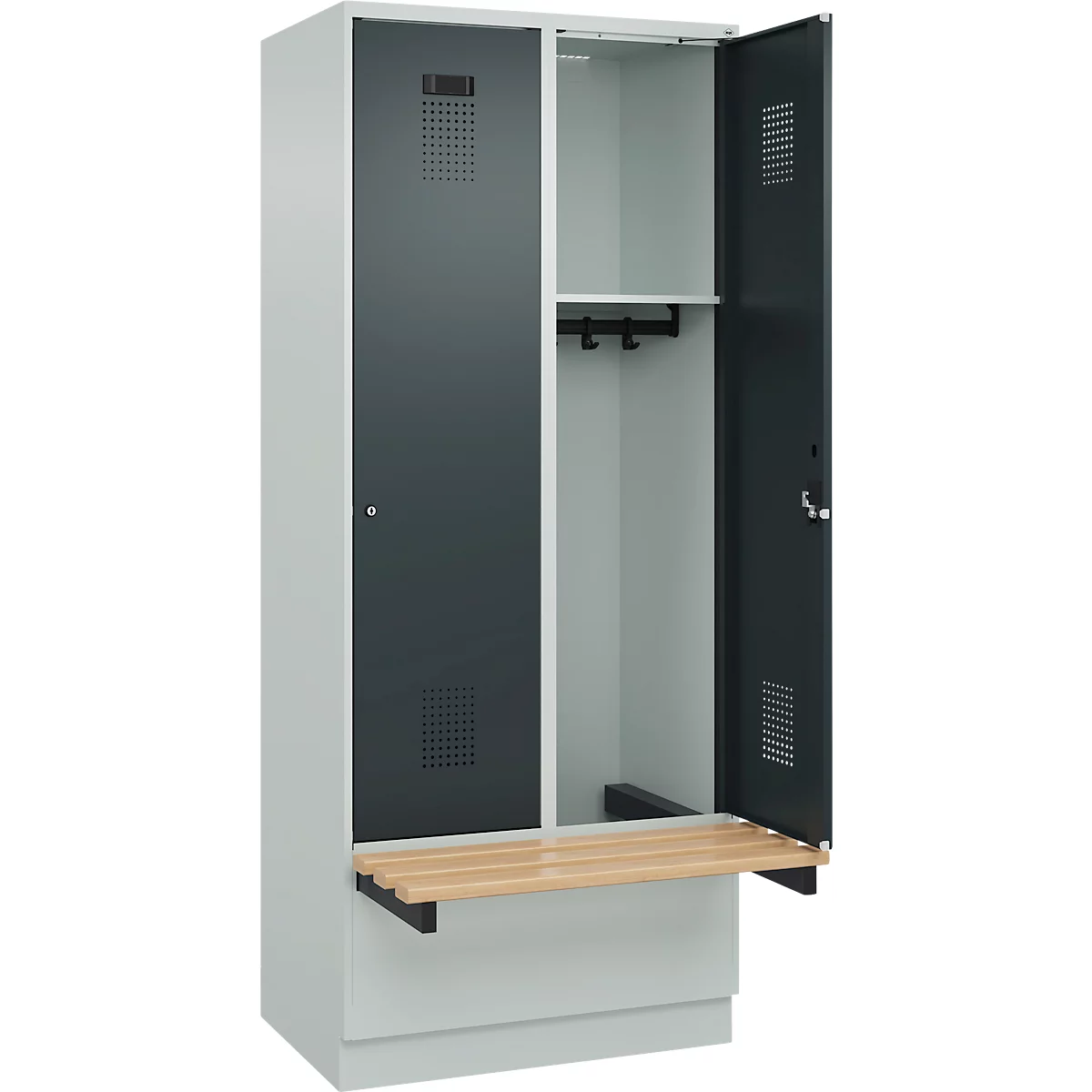 Kleiderspind C+P Evolo Plus, 2 Abteile à 400 mm Breite, Sockel, schwebende Sitzbank, B 800 x T 815 x H 1950 mm, Zylinder, lichtgrau/anthrazitgrau
