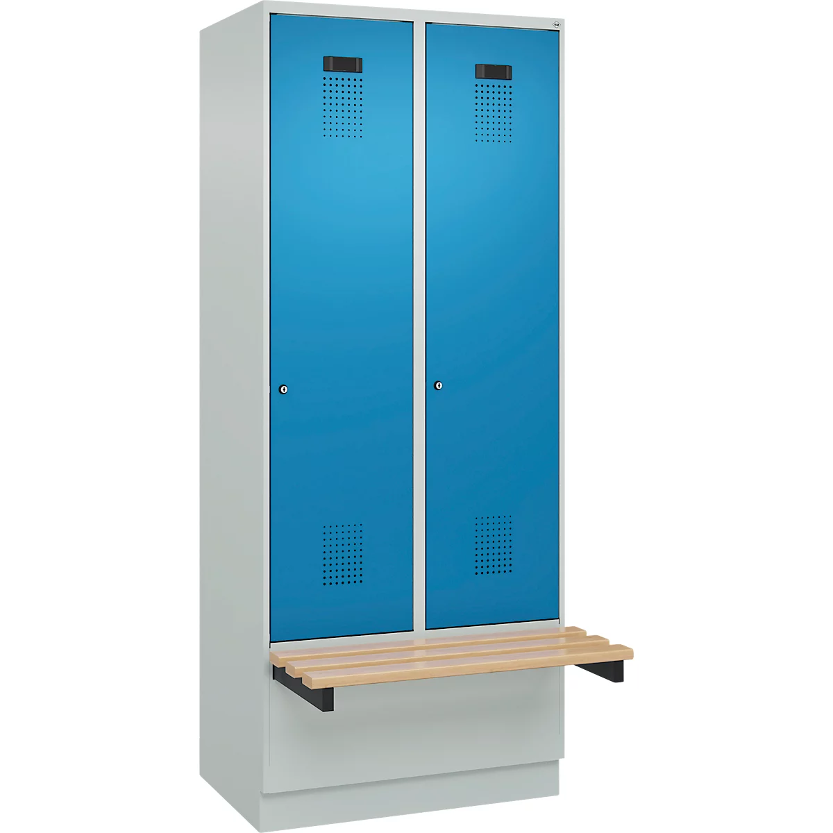 Kleiderspind C+P Evolo Plus, 2 Abteile à 400 mm Breite, Sockel, schwebende Sitzbank, B 800 x T 815 x H 1950 mm, Zylinder, lichtgrau/lichtblau