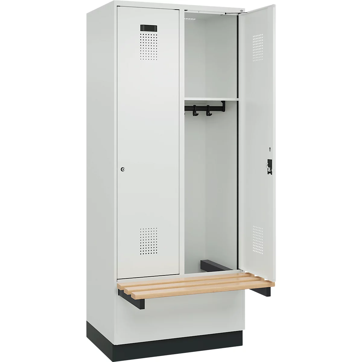 Kleiderspind C+P Evolo Plus, 2 Abteile à 400 mm Breite, Sockel, schwebende Sitzbank, B 800 x T 815 x H 1950 mm, Zylinder, lichtgrau/lichtgrau