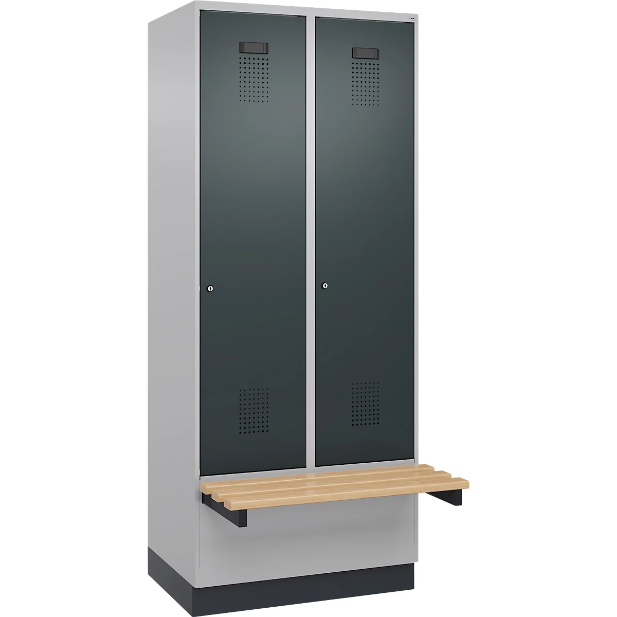 Kleiderspind C+P Evolo Plus, 2 Abteile à 400 mm Breite, Sockel, schwebende Sitzbank, B 800 x T 815 x H 1950 mm, Zylinder, weissaluminium/anthrazitgrau