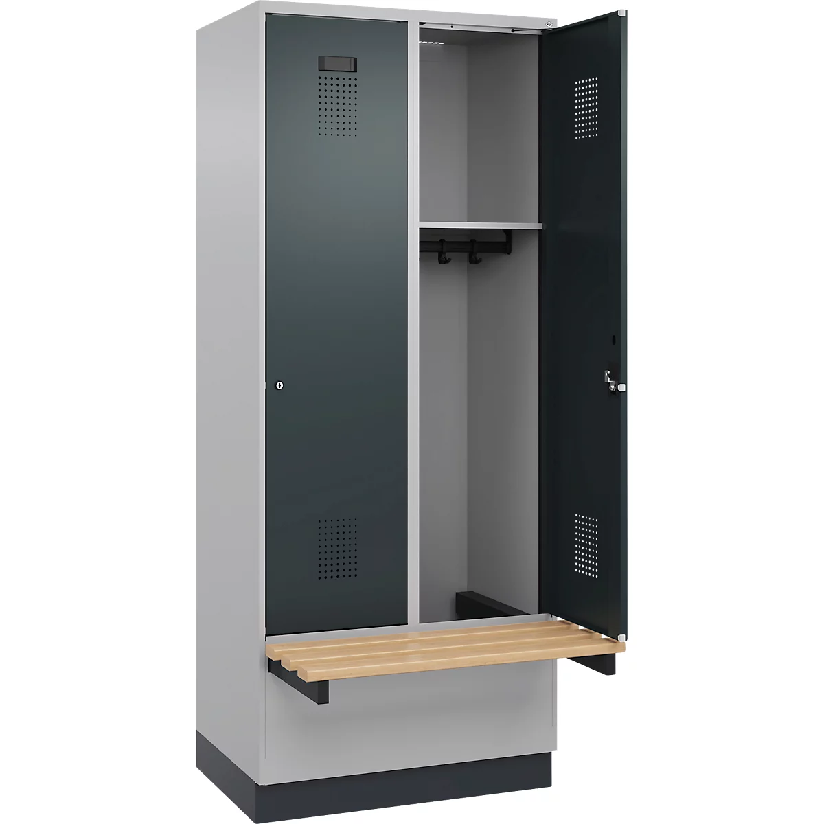 Kleiderspind C+P Evolo Plus, 2 Abteile à 400 mm Breite, Sockel, schwebende Sitzbank, B 800 x T 815 x H 1950 mm, Zylinder, weissaluminium/anthrazitgrau