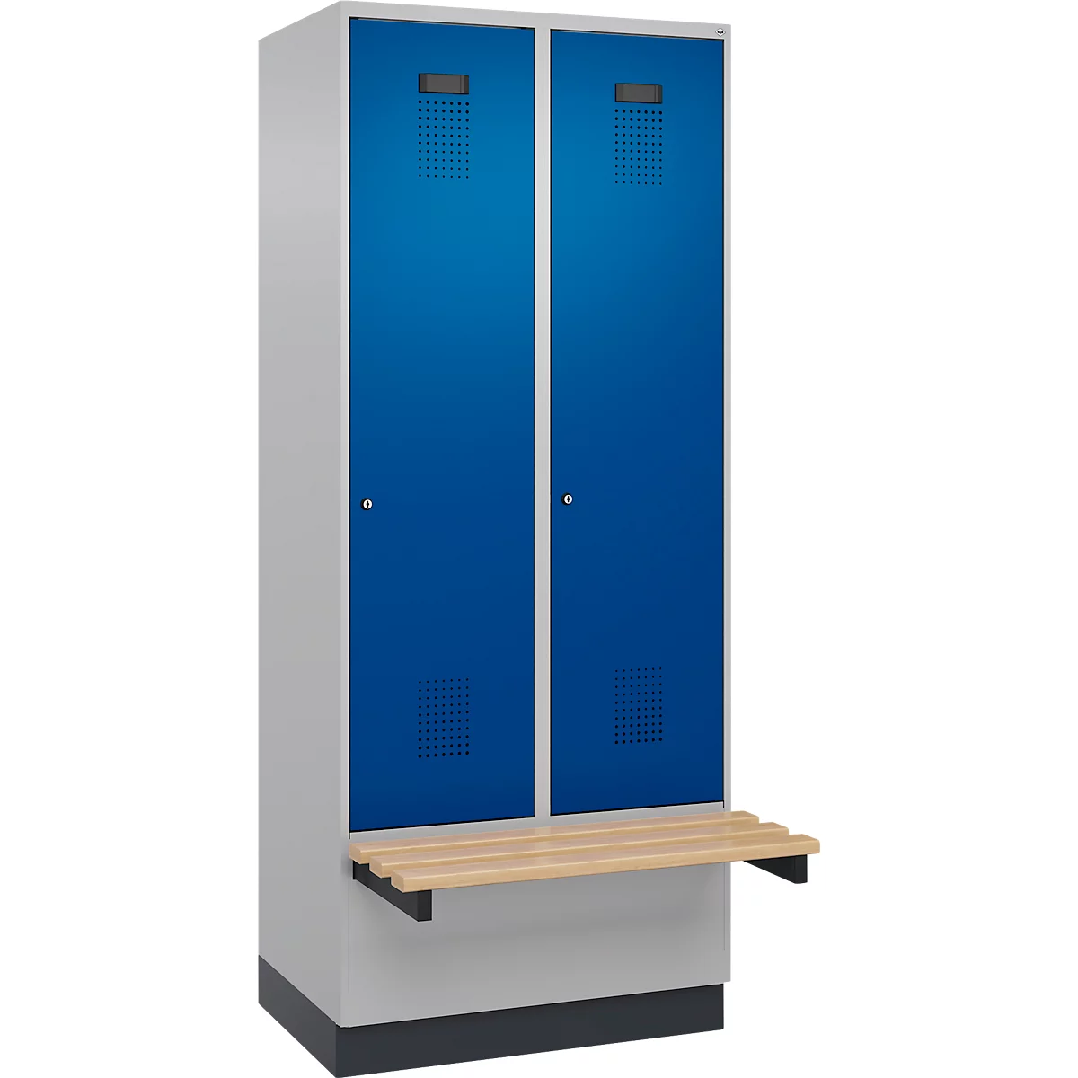 Kleiderspind C+P Evolo Plus, 2 Abteile à 400 mm Breite, Sockel, schwebende Sitzbank, B 800 x T 815 x H 1950 mm, Zylinder, weissaluminium/enzianblau