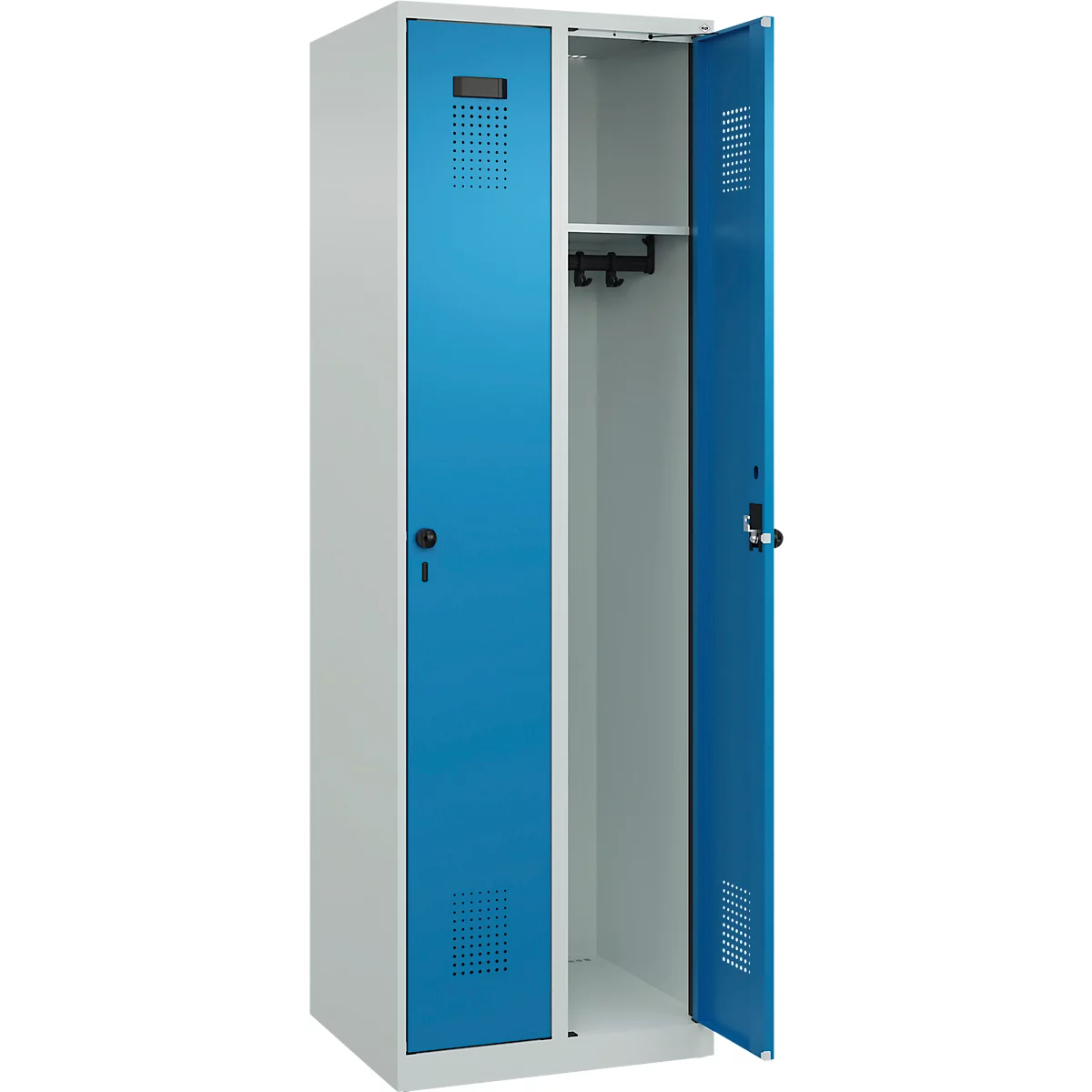 Kleiderspind C+P Evolo Plus, 2 Abteile, Anschlag rechts, Drehriegelverschluss, B 600 x T 500 x H 1850 mm, lichtgrau/lichtblau