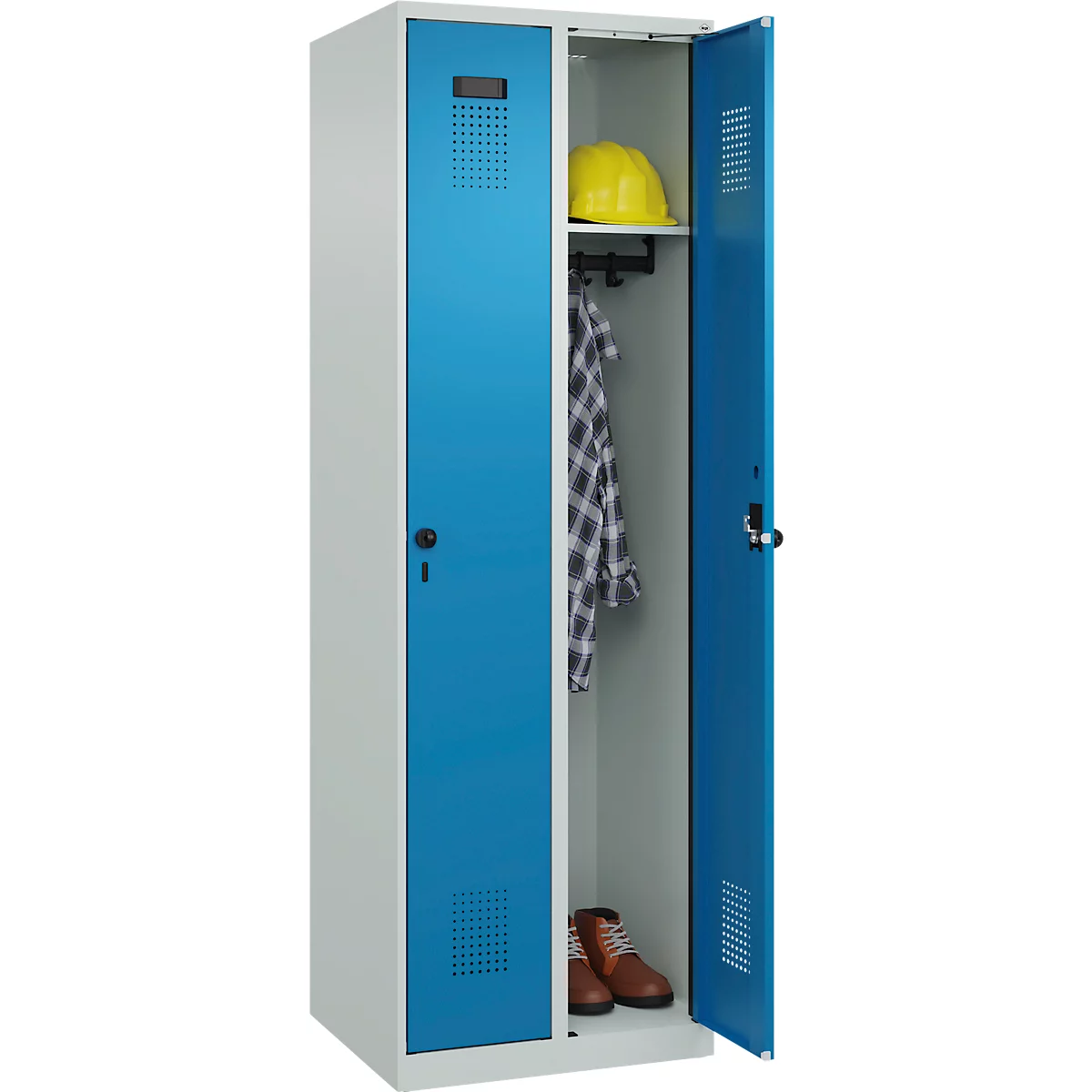 Kleiderspind C+P Evolo Plus, 2 Abteile, Anschlag rechts, Drehriegelverschluss, B 600 x T 500 x H 1850 mm, lichtgrau/lichtblau