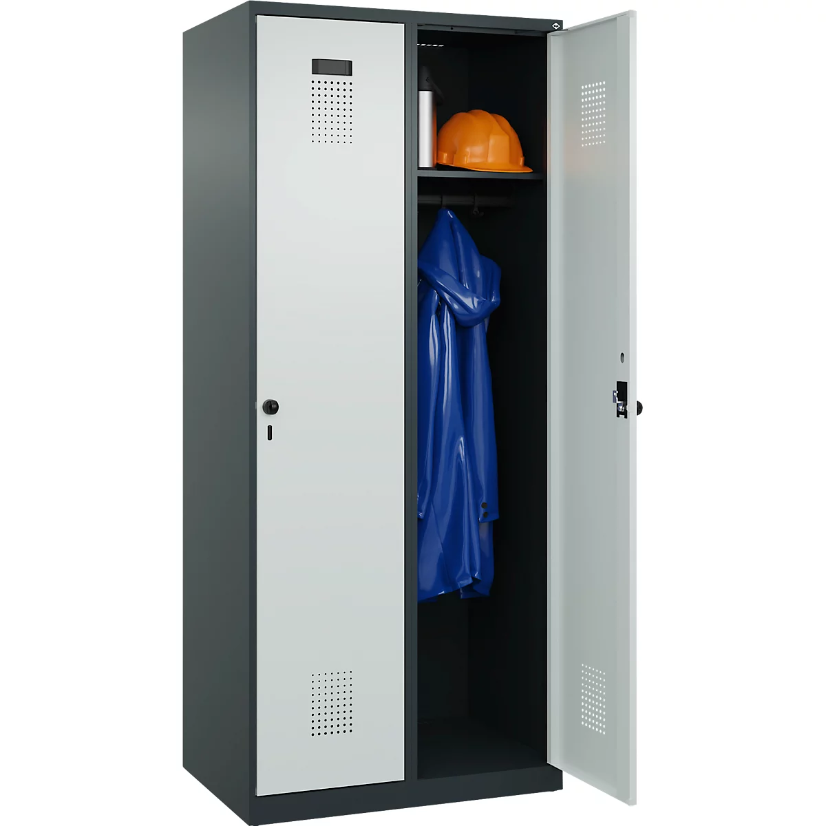Kleiderspind C+P Evolo Plus, 2 Abteile, Anschlag rechts, Sicherheits-Drehriegel, B 800 x T 500 x H 1850 mm, anthrazitgrau/lichtgrau