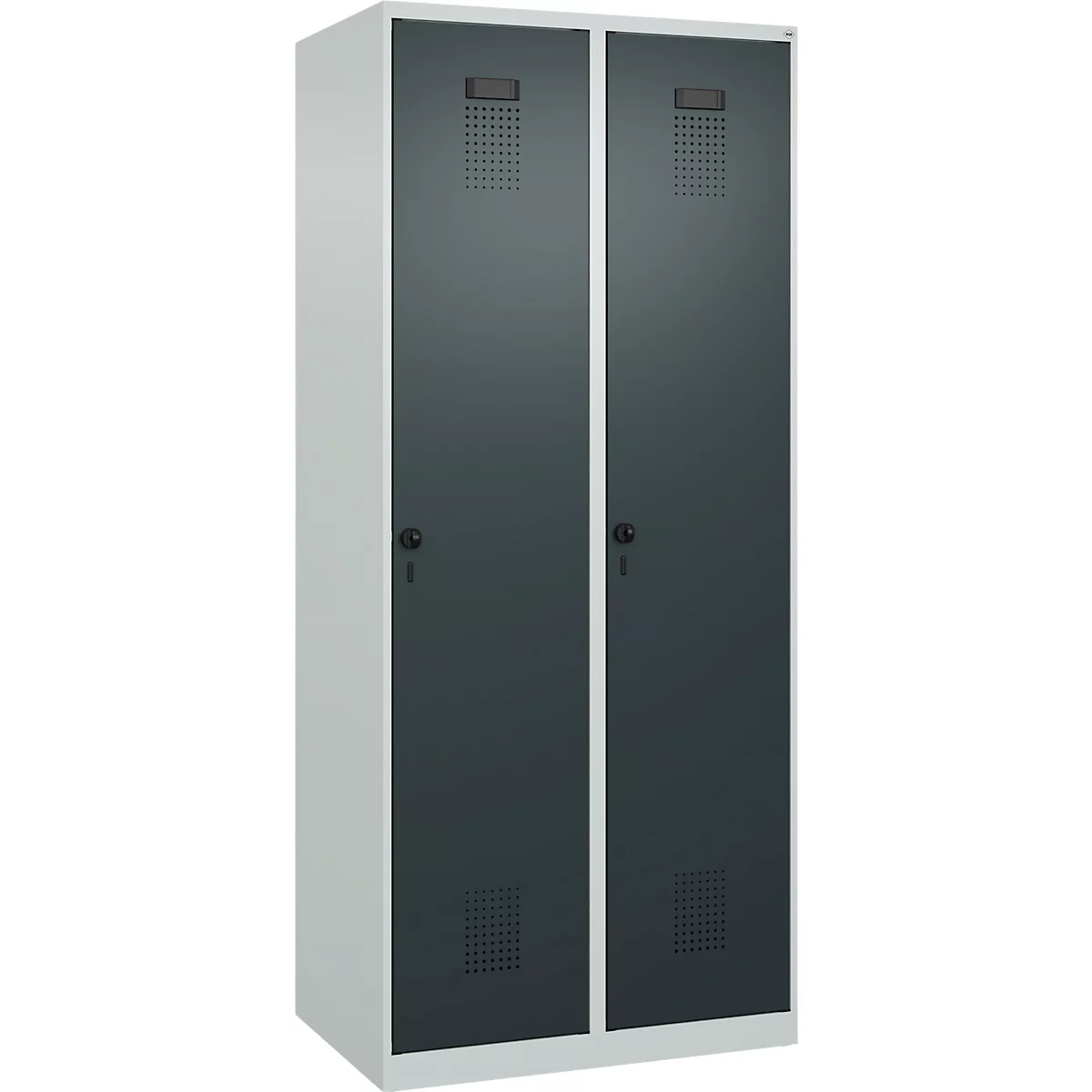 Kleiderspind C+P Evolo Plus, 2 Abteile, Anschlag rechts, Sicherheits-Drehriegel, B 800 x T 500 x H 1850 mm, lichtgrau/anthrazitgrau