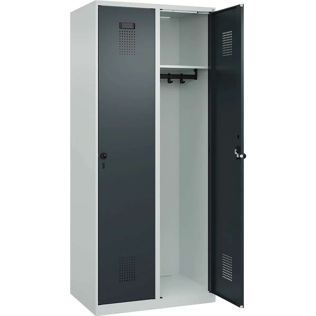 Kleiderspind C+P Evolo Plus, 2 Abteile, Anschlag rechts, Sicherheits-Drehriegel, B 800 x T 500 x H 1850 mm, lichtgrau/anthrazitgrau