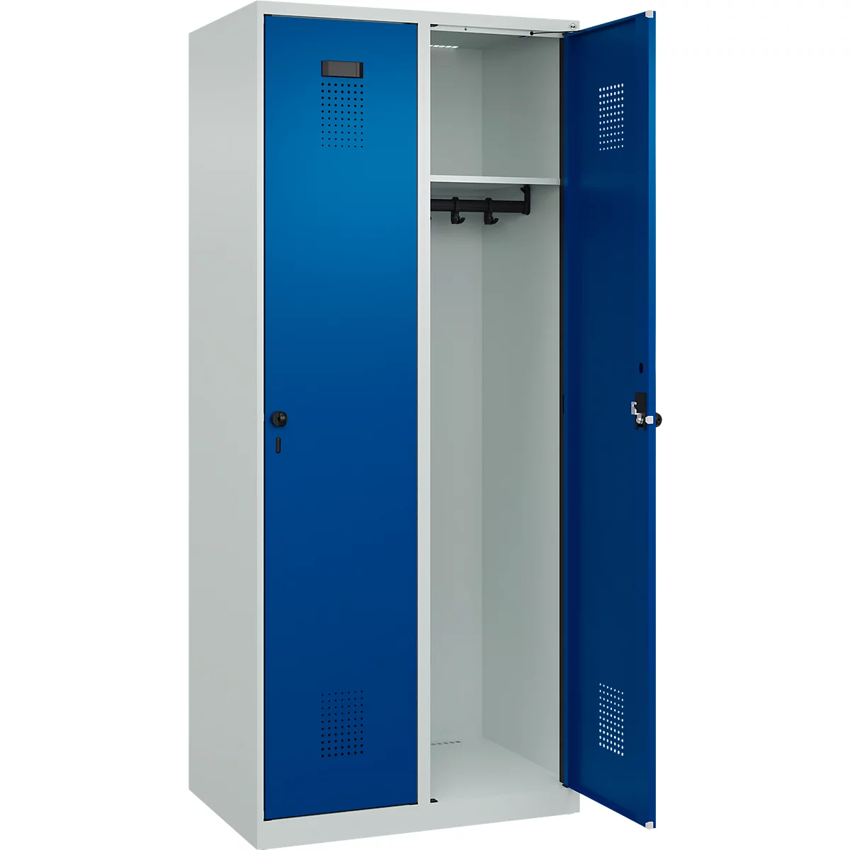 Kleiderspind C+P Evolo Plus, 2 Abteile, Anschlag rechts, Sicherheits-Drehriegel, B 800 x T 500 x H 1850 mm, lichtgrau/enzianblau