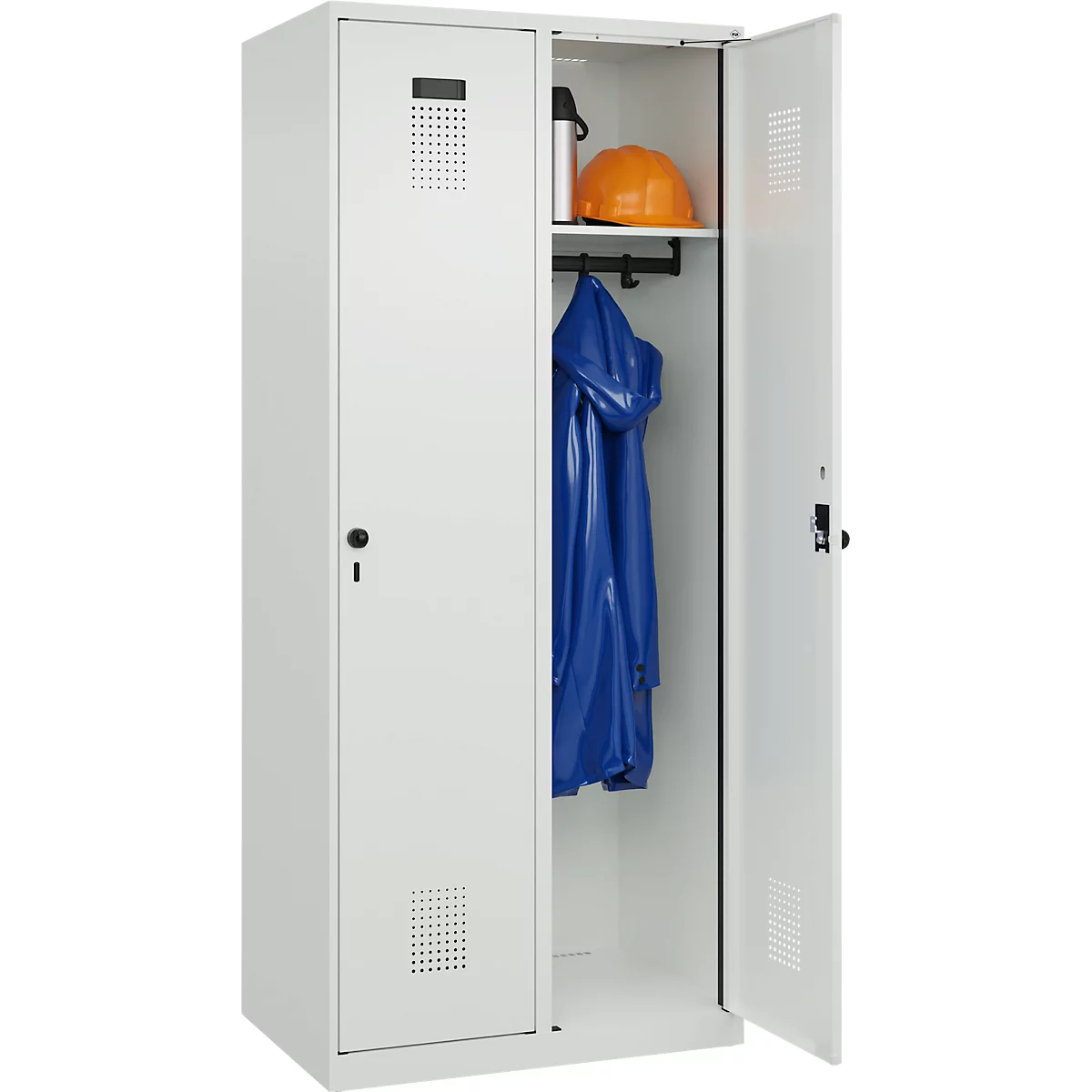 Kleiderspind C+P Evolo Plus, 2 Abteile, Anschlag rechts, Sicherheits-Drehriegel, B 800 x T 500 x H 1850 mm, lichtgrau/lichtgrau