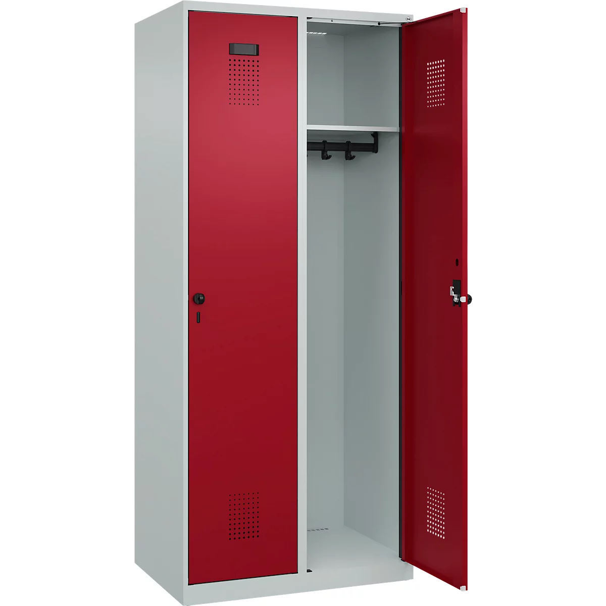 Kleiderspind C+P Evolo Plus, 2 Abteile, Anschlag rechts, Sicherheits-Drehriegel, B 800 x T 500 x H 1850 mm, lichtgrau/rubinrot
