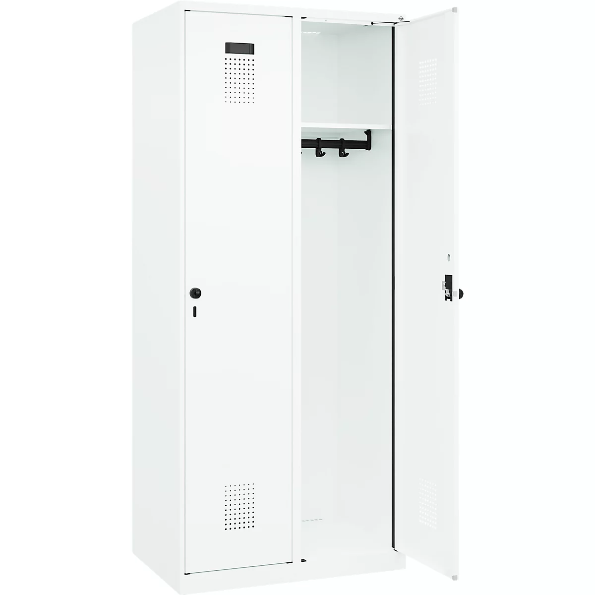 Kleiderspind C+P Evolo Plus, 2 Abteile, Anschlag rechts, Sicherheits-Drehriegel, B 800 x T 500 x H 1850 mm, verkehrsweiß/verkehrsweiß